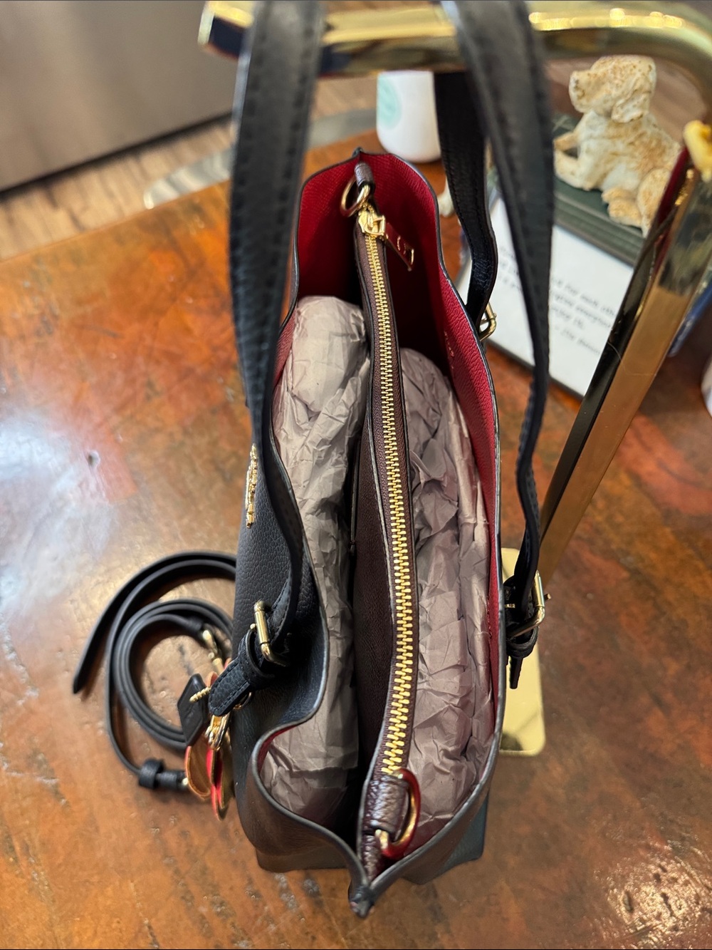 Coach Mollie Black Pebbled Leather Tote with Red Flower Charm - Picture 5 of 16